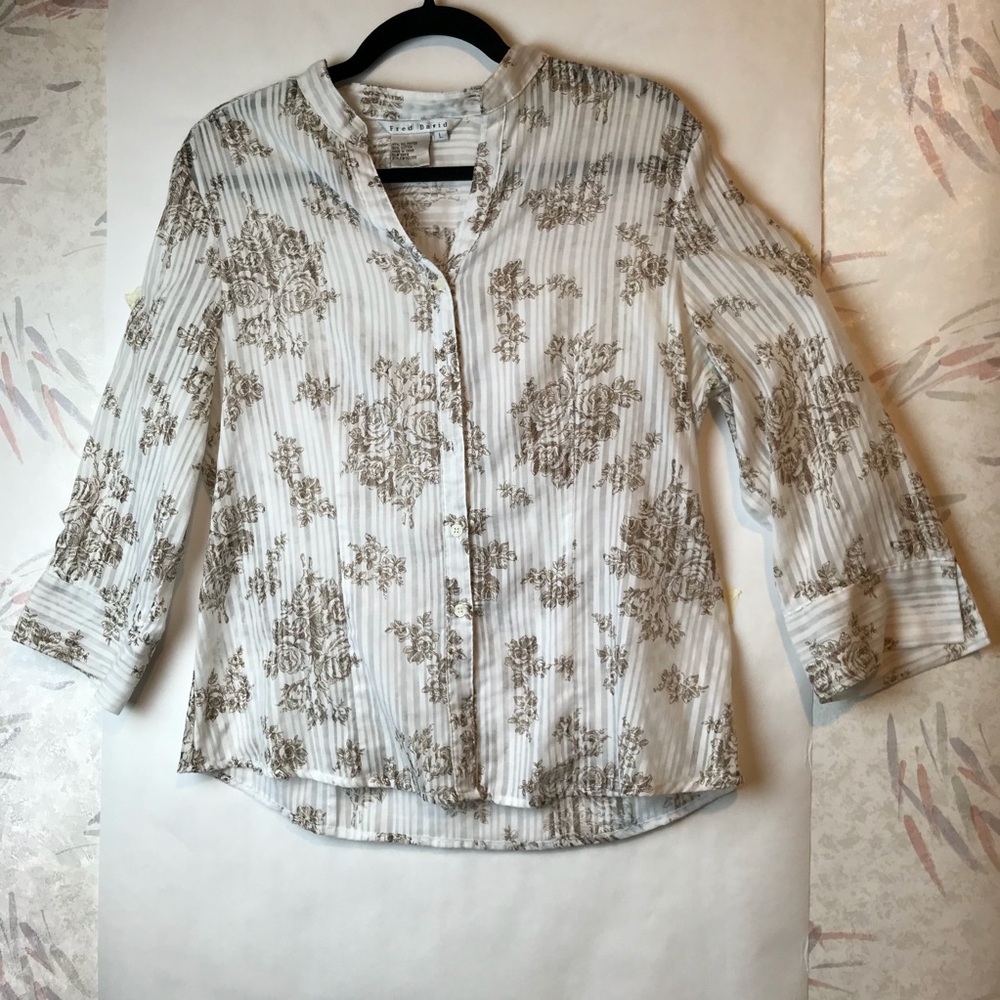 FRED DAVID SHEER FLOWER STRIPED BLOUSE SIZE L